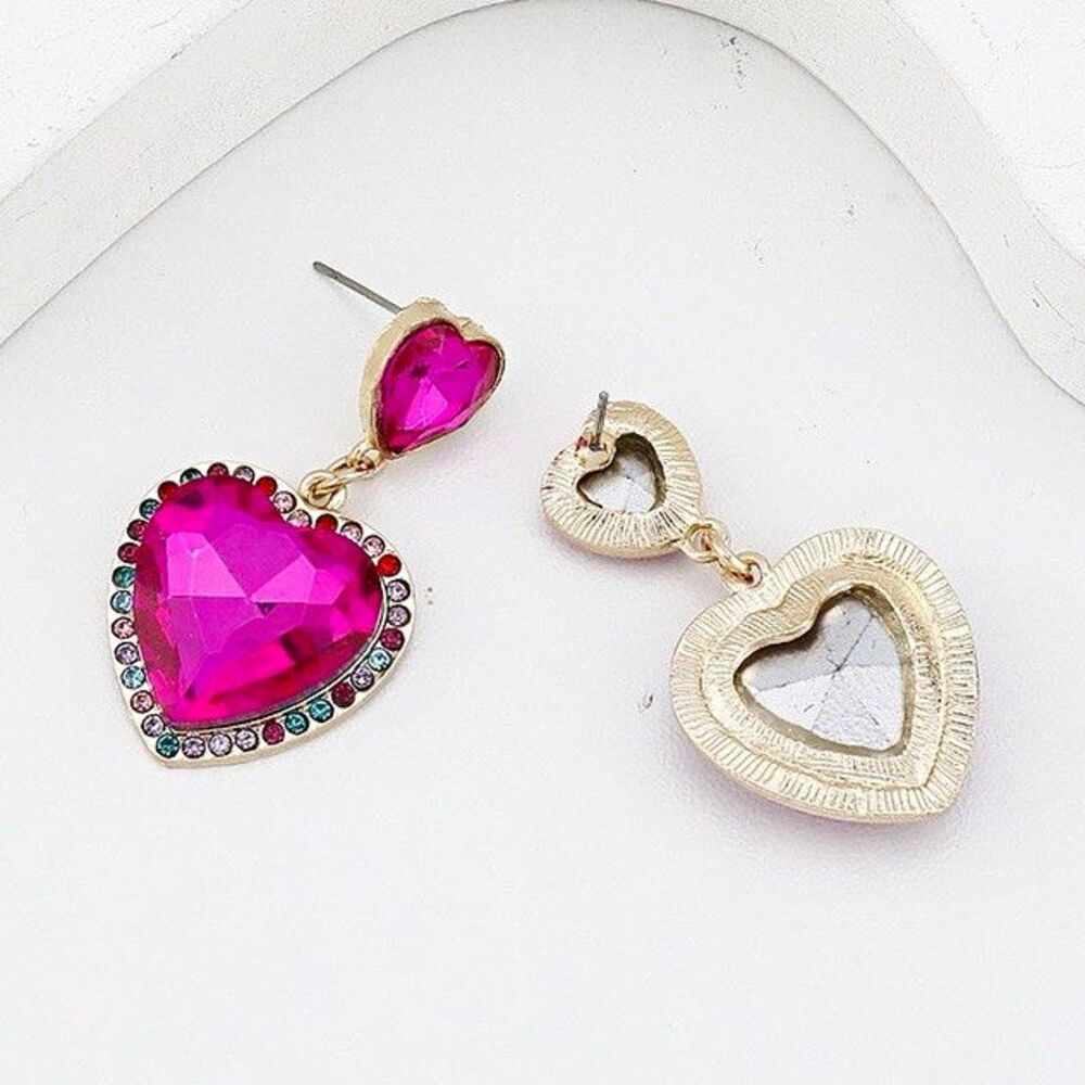 Fuchsia Pink Rhinestone Heart Drop Earrings